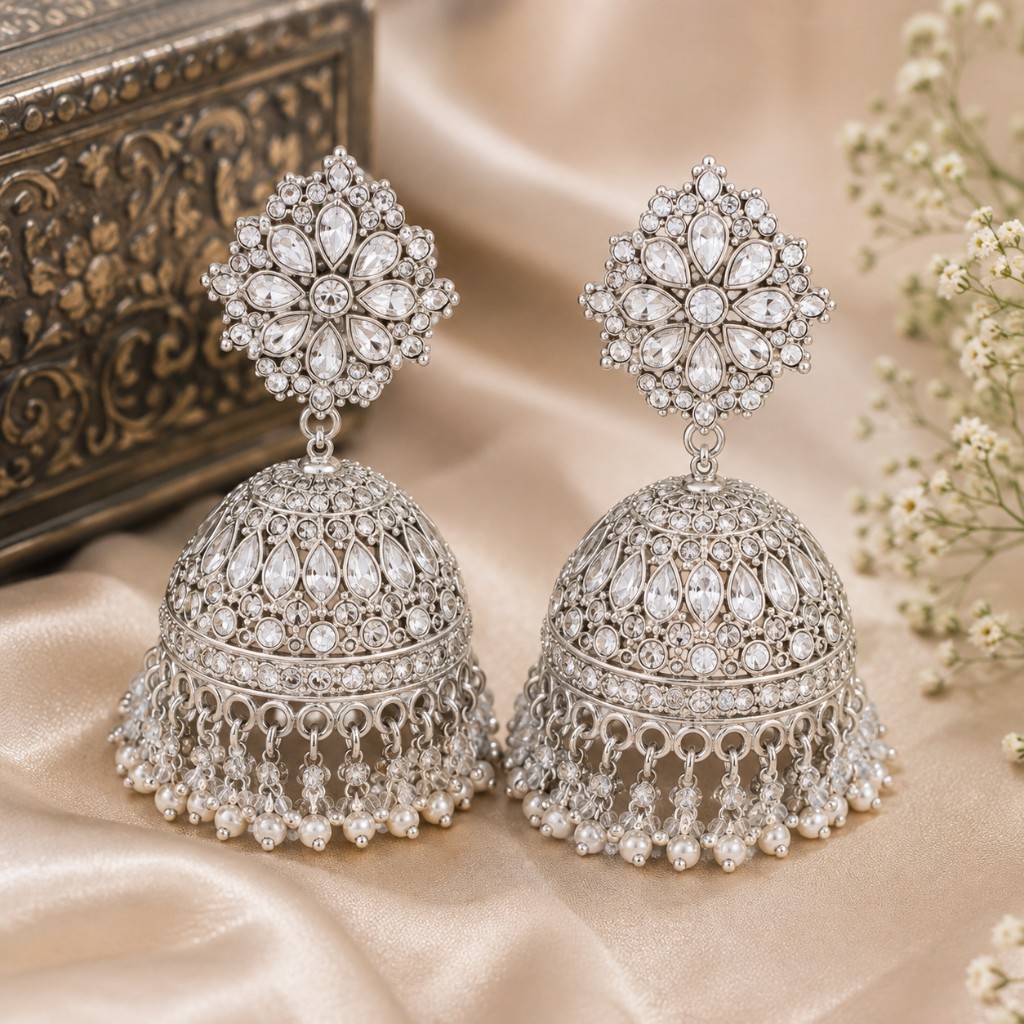 Silver Crystal Jhumka